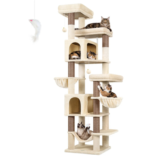 Globlazer Heavy Duty 82" Cat Mansion, Space-Saving Corner Cat Furniture with 2 Condos & 7 Sisal Scratching Posts