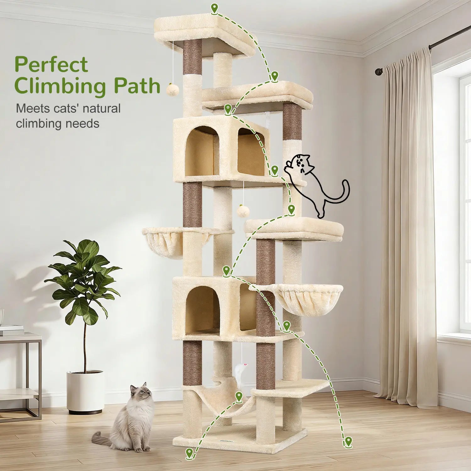 Globlazer Heavy Duty 82" Cat Mansion, Space-Saving Corner Cat Furniture with 2 Condos & 7 Sisal Scratching Posts
