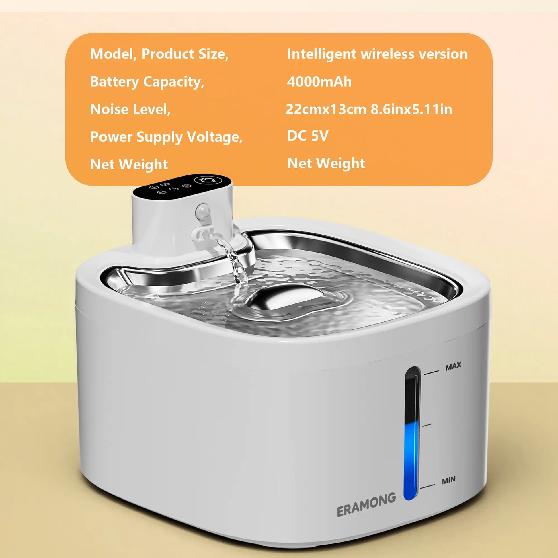 ERAMONG Smart Indoor Wireless Cat and Dog Water Fountain3.5L/118Ozbattery-Powered Fountain with Stainless Steel Tray and Motion Sensorequipped with a 4-Layer Filter Systemdesigned for Cats and Dogs