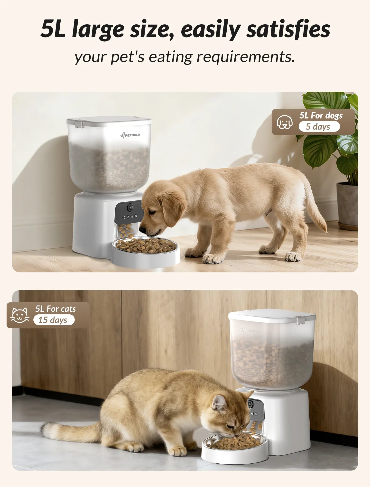 Smart Automatic Cat Feeder with Camera, 5L Timed Food Dispenser, Two-Way Audio & App Control, Includes Desiccant Bag for Cats and Dogs
