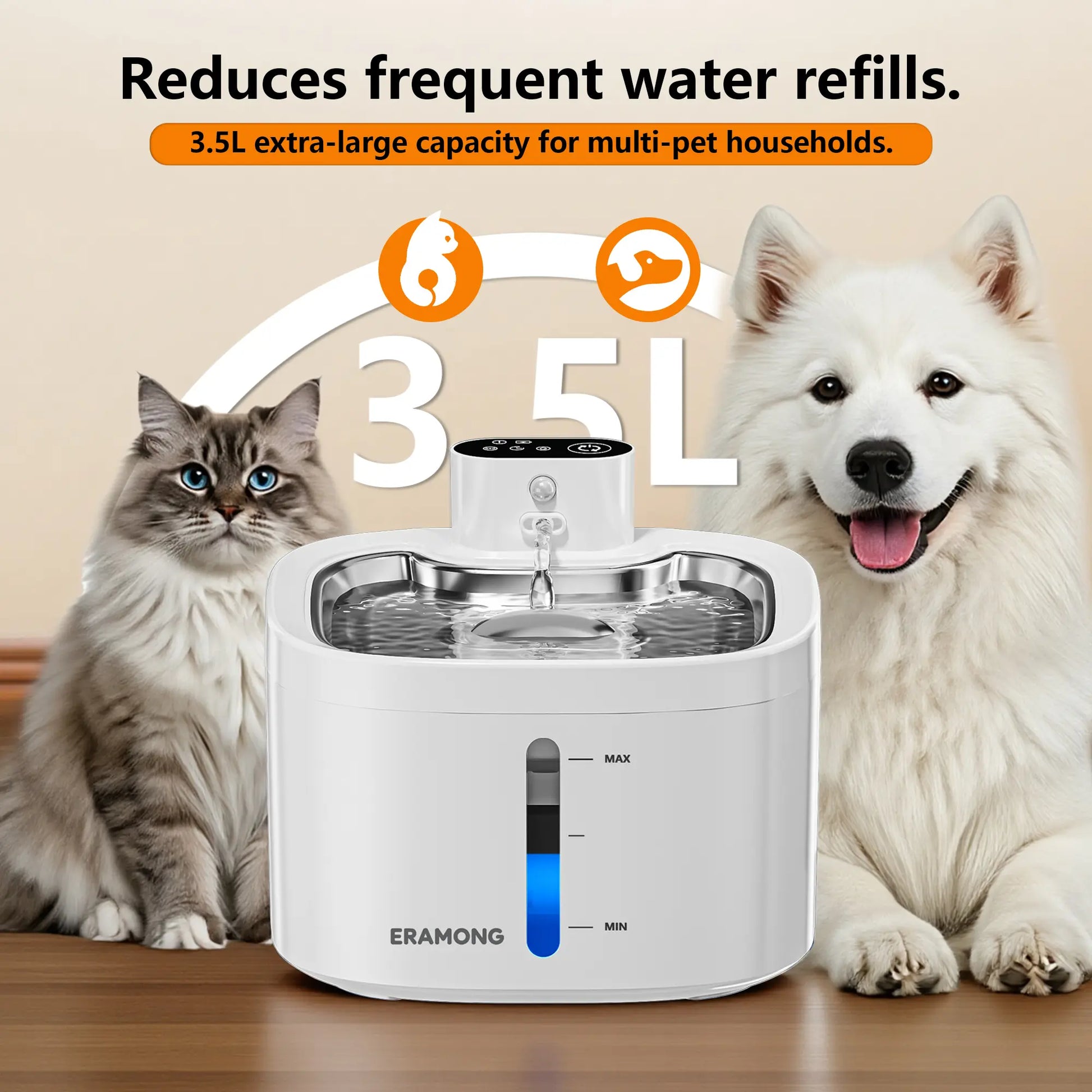 ERAMONG Smart Indoor Wireless Cat and Dog Water Fountain3.5L/118Ozbattery-Powered Fountain with Stainless Steel Tray and Motion Sensorequipped with a 4-Layer Filter Systemdesigned for Cats and Dogs
